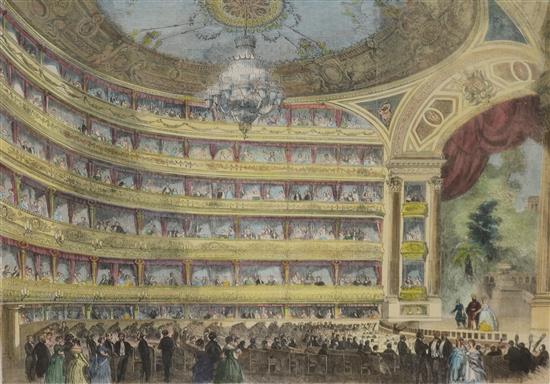 A box of assorted prints including a coloured engraving of Covent Garden Opera House
